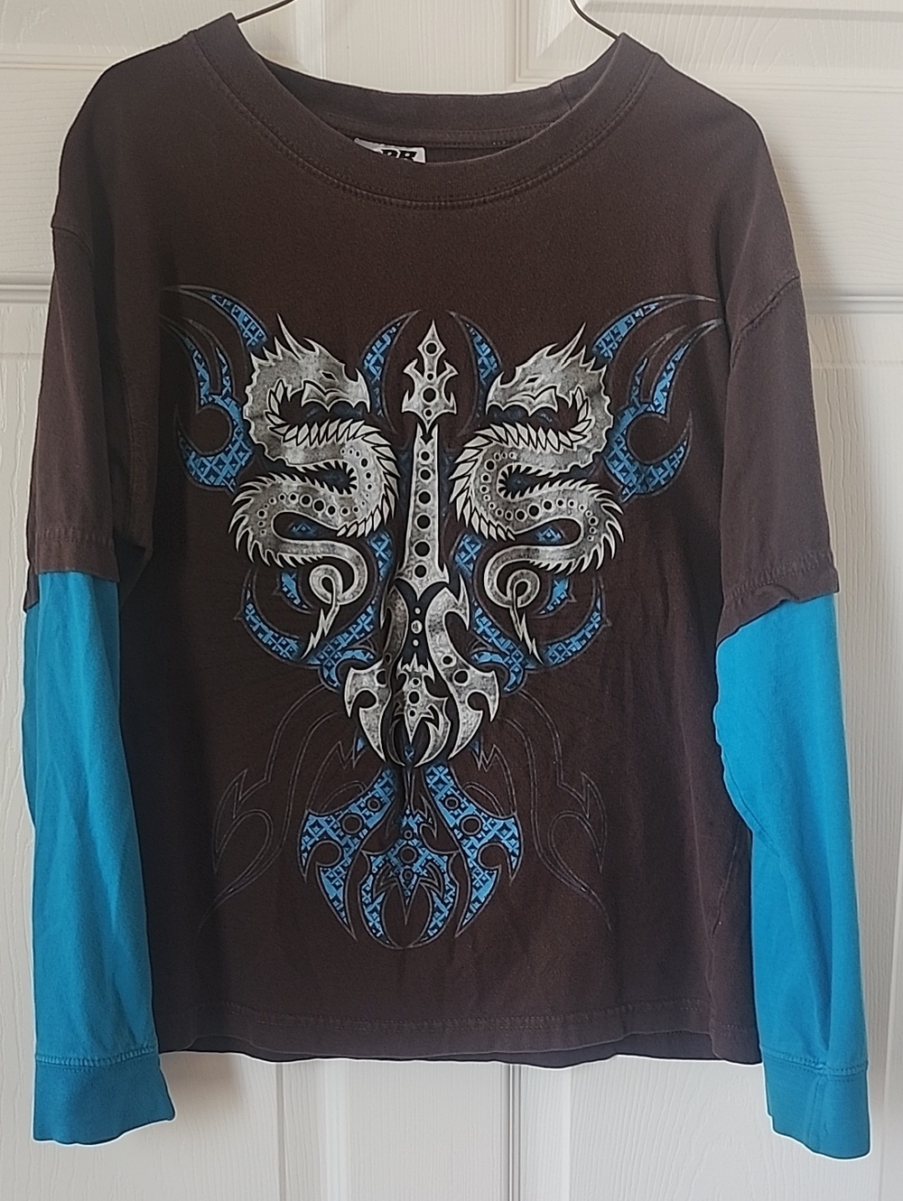 Rude Boyz Dragon Guitar Brown Graphic Long Sleeve Tee with Blue Lower Sleeves